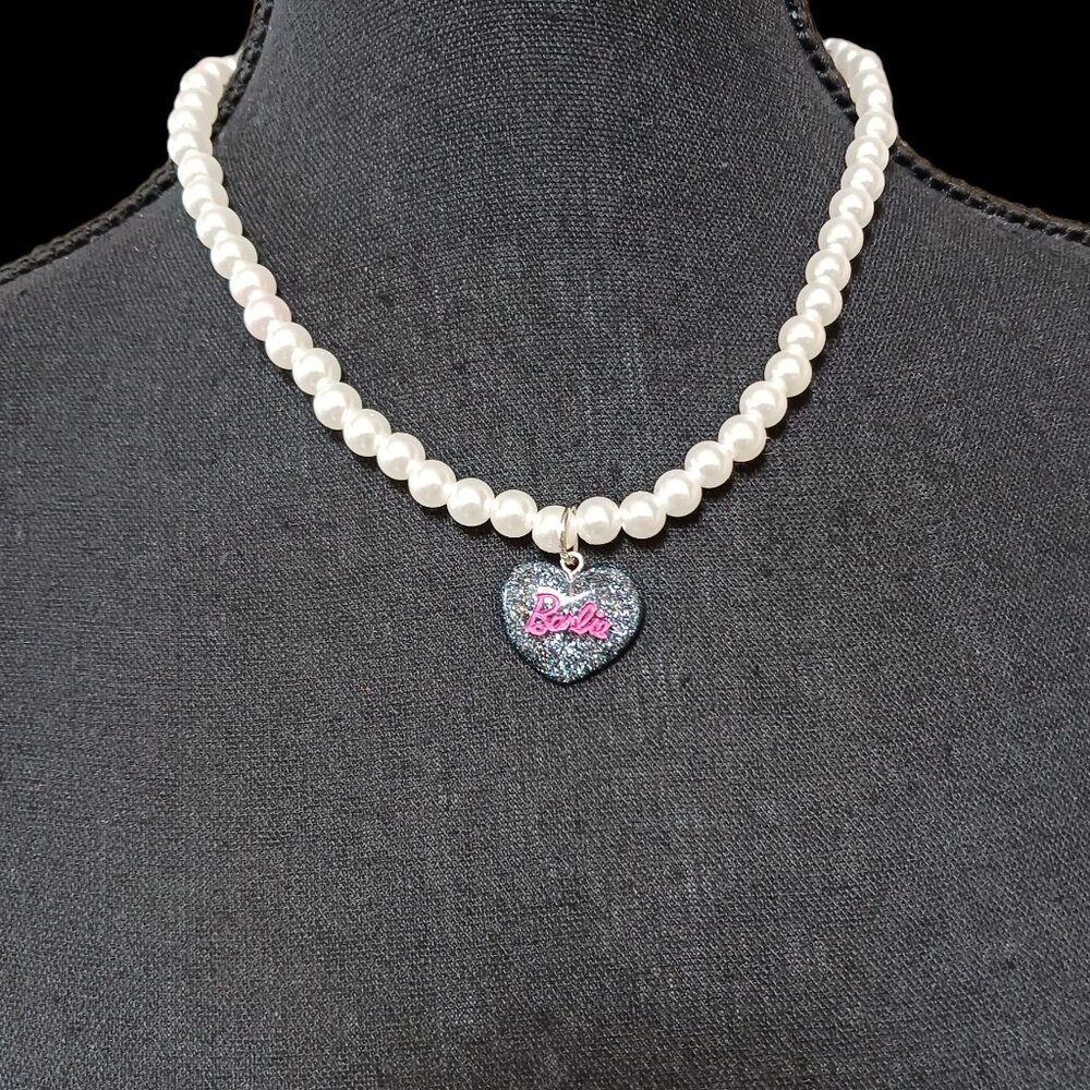 Barbie Faux Pearl Puffed Black Glitter Heart Choker Necklace